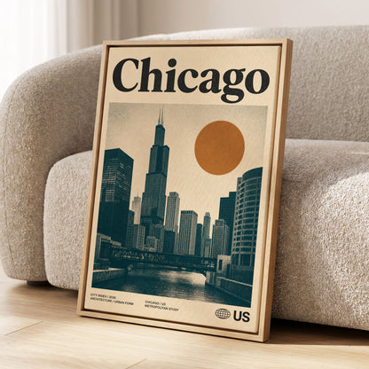 Chicago Amber Skyline, beige, black, orange minimalist wall art displayed in a styled interior, gallery view 1