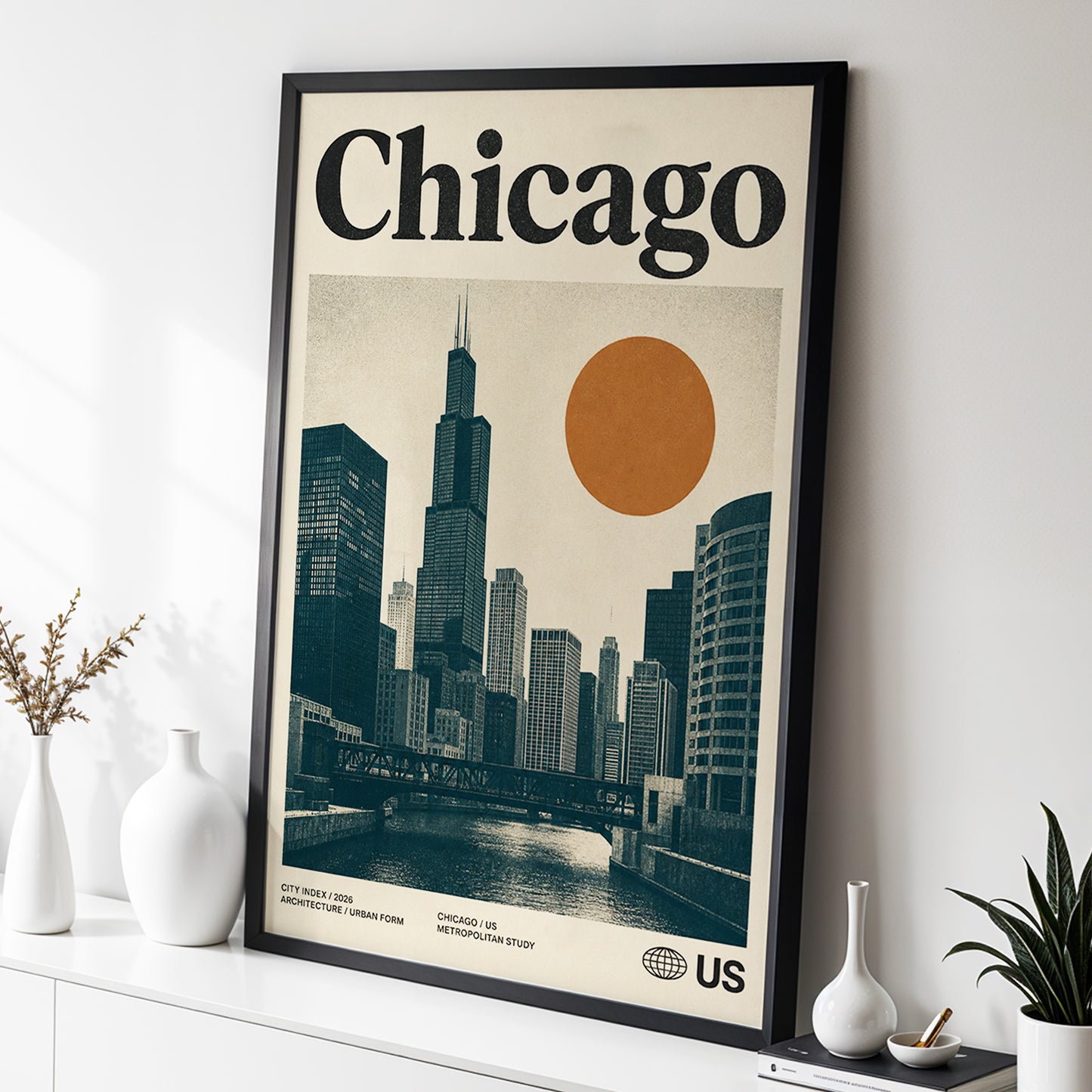 Chicago Amber Skyline, beige, black, orange minimalist wall art displayed in a styled interior, gallery view 2