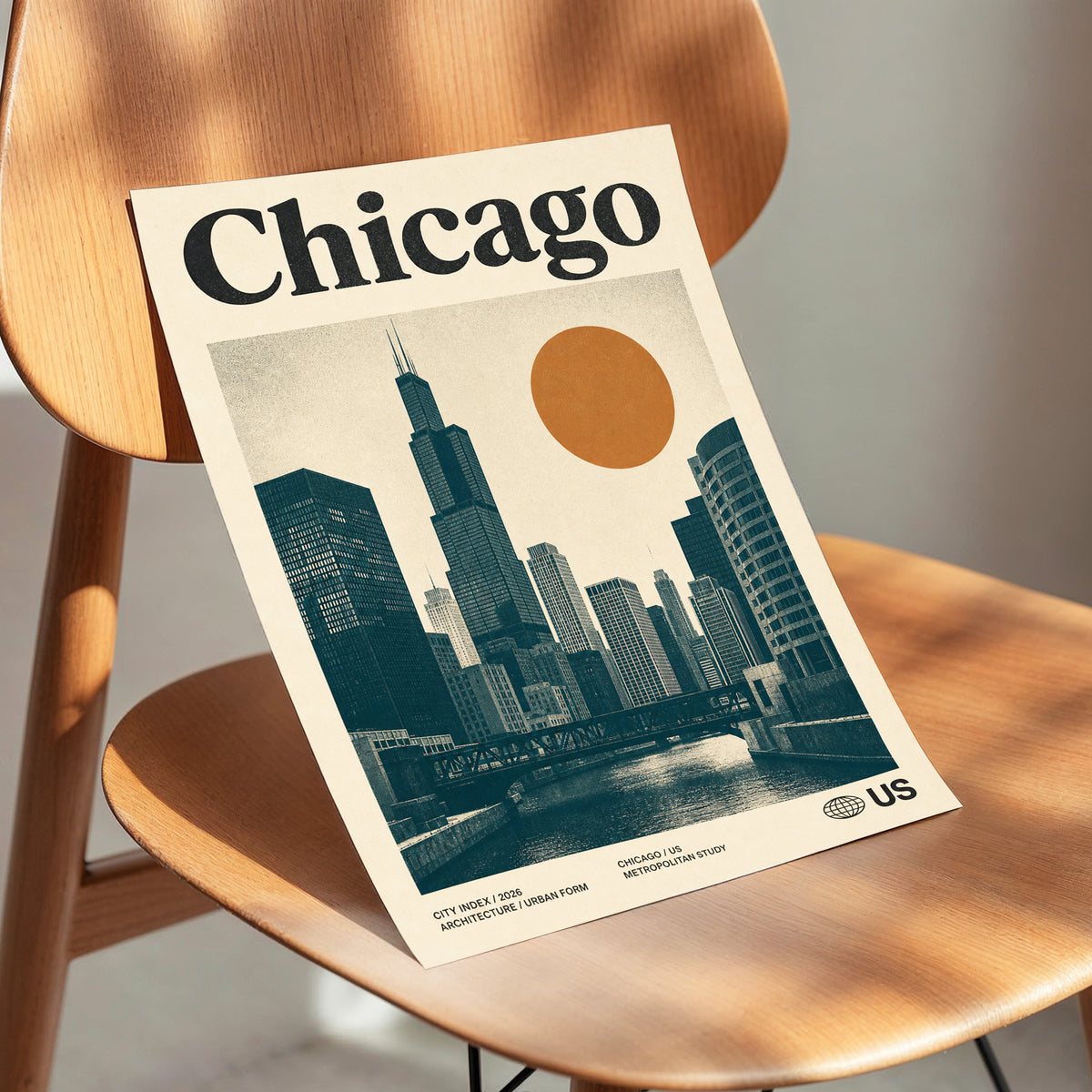Chicago Amber Skyline, beige, black, orange minimalist wall art displayed in a styled interior, gallery view 3