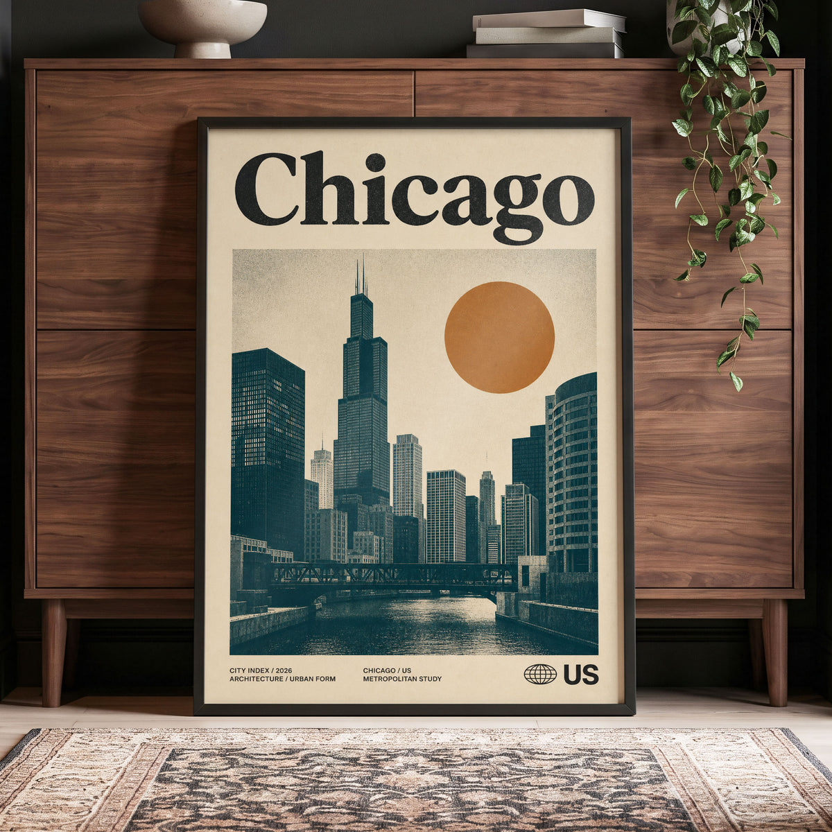 Chicago Amber Skyline, beige, black, orange minimalist wall art displayed in a styled interior, gallery view 4