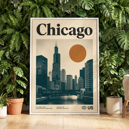 Chicago Amber Skyline, beige, black, orange minimalist wall art displayed in a styled interior, gallery view 5