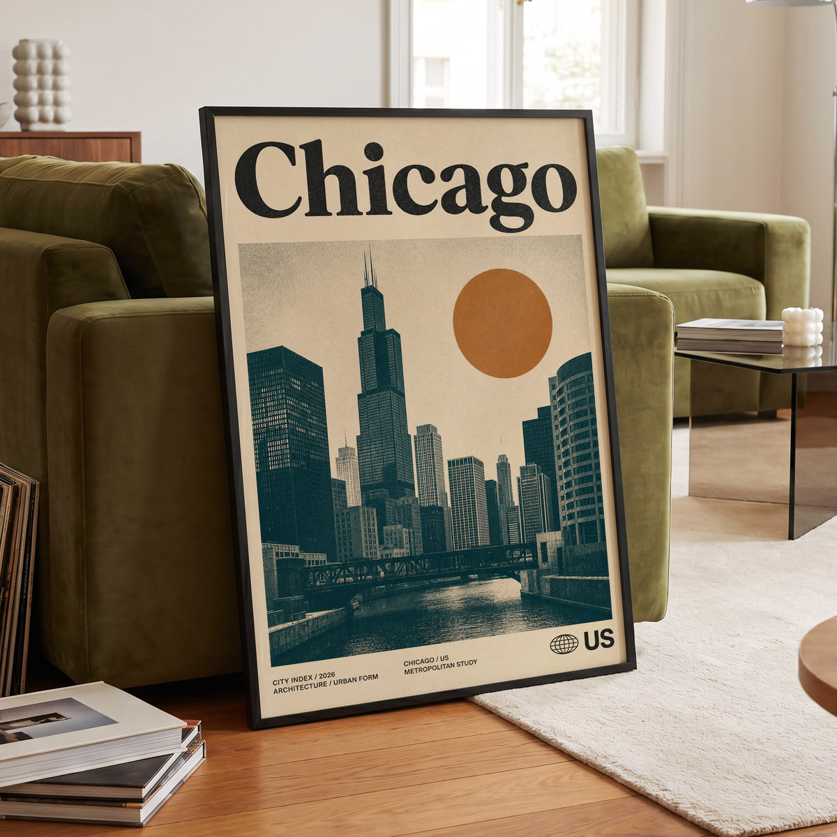 Chicago Amber Skyline, beige, black, orange minimalist wall art displayed in a styled interior, gallery view 6