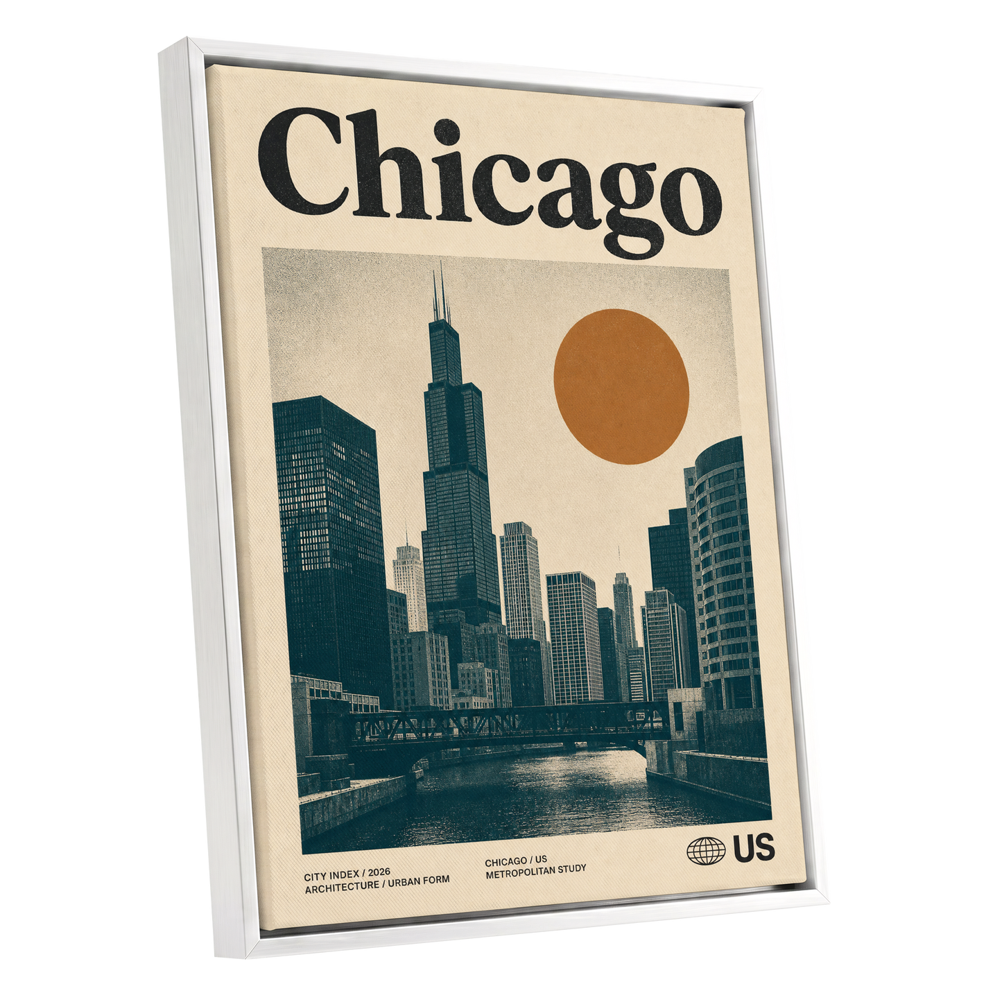 Chicago Amber Skyline, beige, black, orange minimalist wall art shown as a white framed canvas wall art