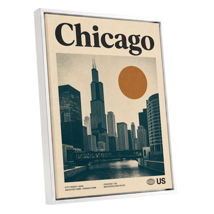 Chicago Amber Skyline, beige, black, orange minimalist wall art shown as a white framed canvas wall art