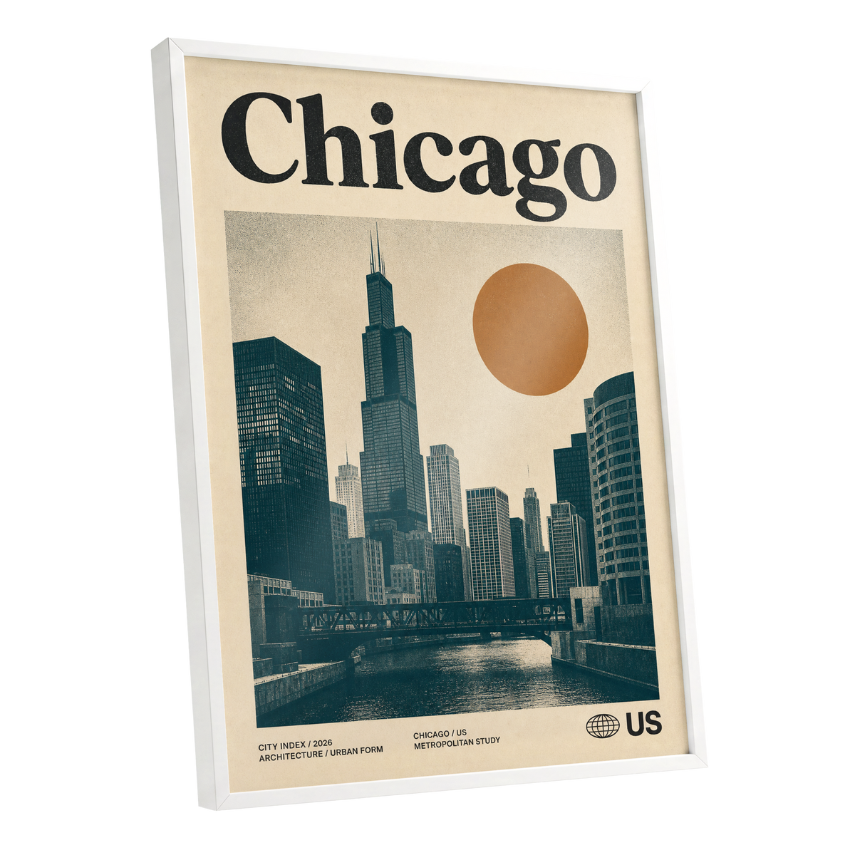 Chicago Amber Skyline, beige, black, orange minimalist wall art shown as a white framed poster wall art print