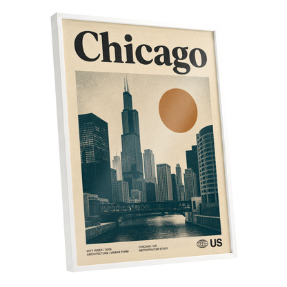 Chicago Amber Skyline, beige, black, orange minimalist wall art shown as a white framed poster wall art print