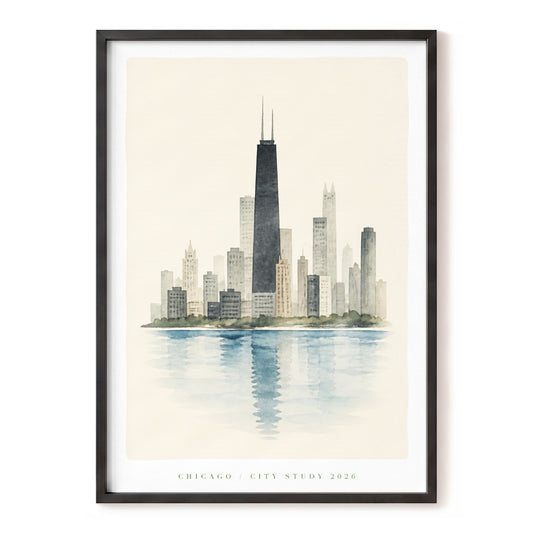 Chicago in Quiet Water, beige, gray, blue minimalist wall art, front artwork view