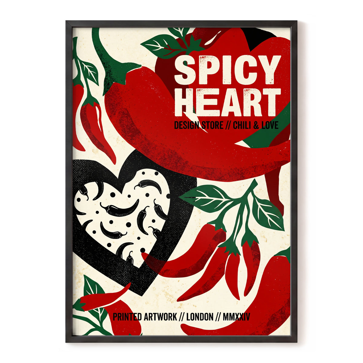 Chilli Heart, red, beige, black abstract wall art, front artwork view