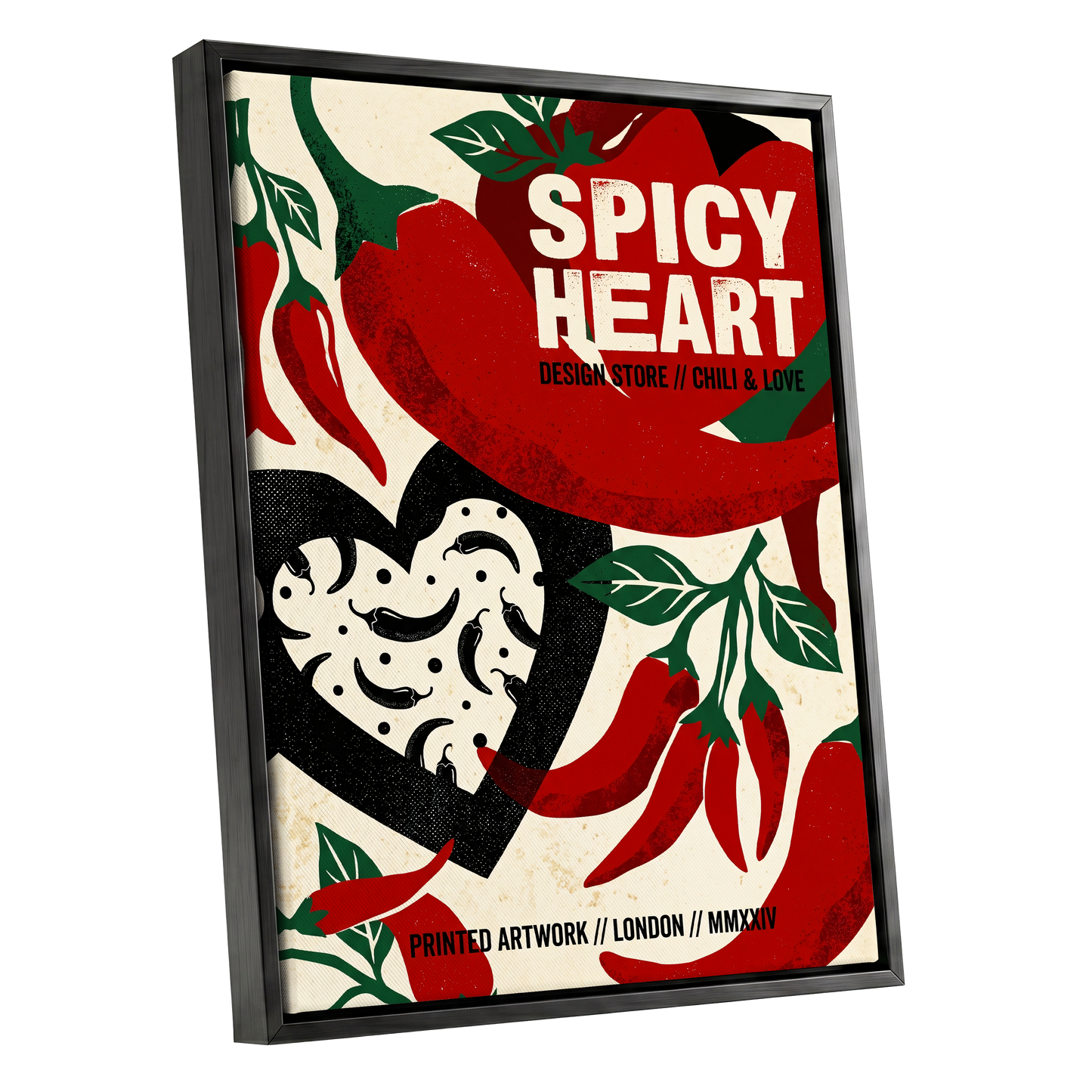 Chilli Heart, red, beige, black abstract wall art shown as a black framed canvas wall art