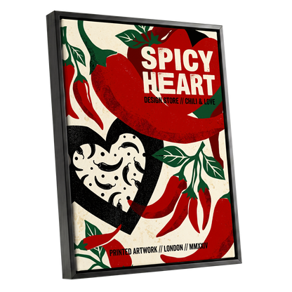 Chilli Heart, red, beige, black abstract wall art shown as a black framed canvas wall art