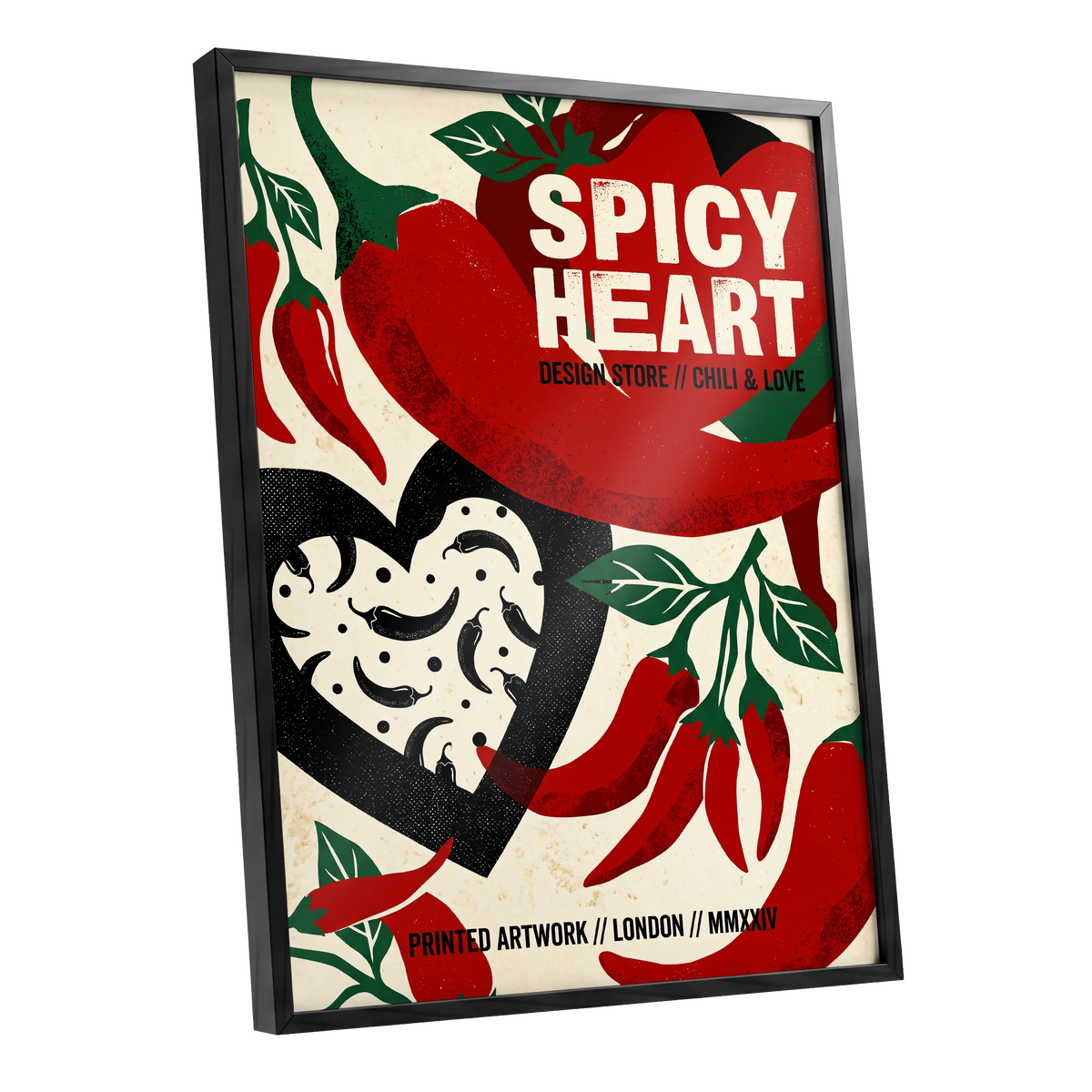 Chilli Heart, red, beige, black abstract wall art shown as a black framed poster wall art print