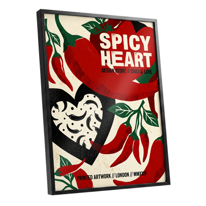 Chilli Heart, red, beige, black abstract wall art shown as a black framed poster wall art print