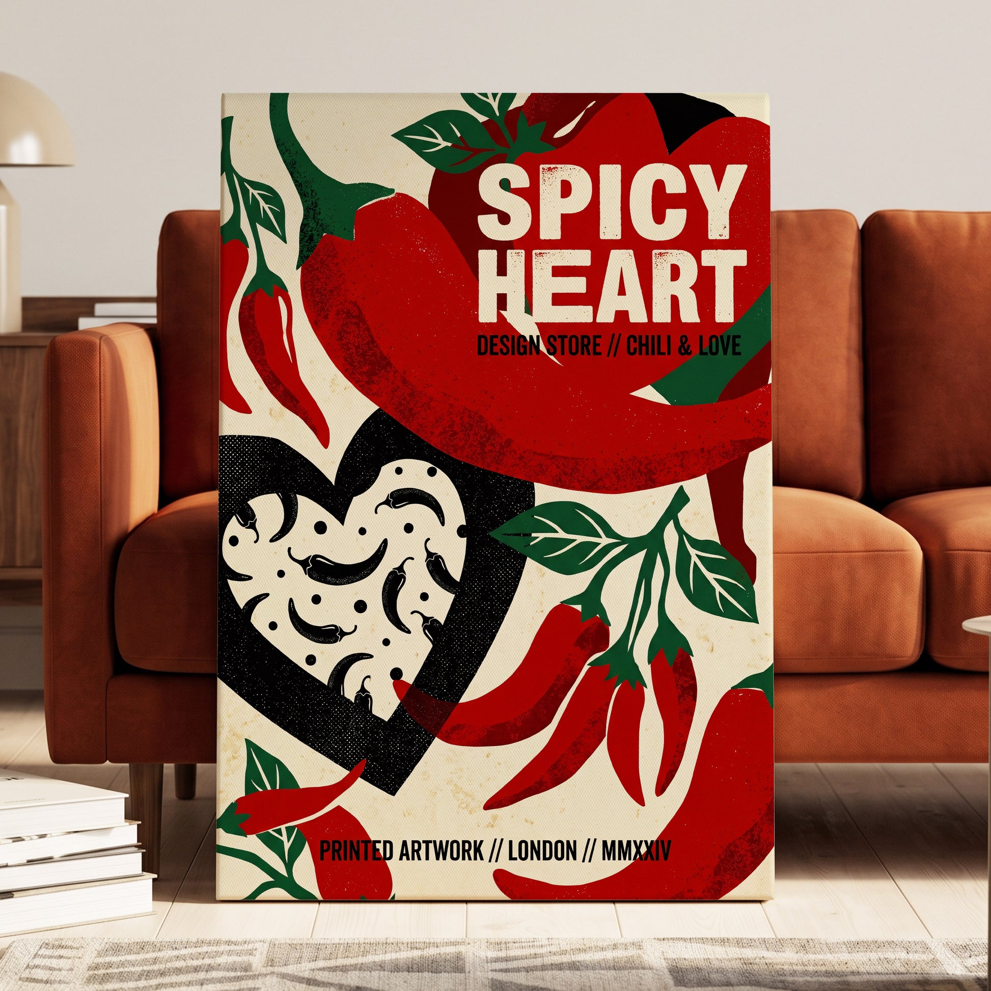 Chilli Heart, red, beige, black abstract wall art on canvas displayed in a styled interior, gallery view 1