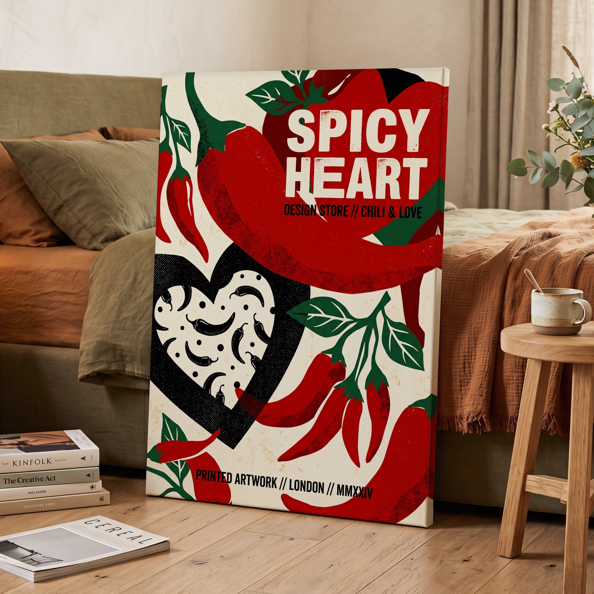Chilli Heart, red, beige, black abstract wall art on canvas displayed in a styled interior, gallery view 2