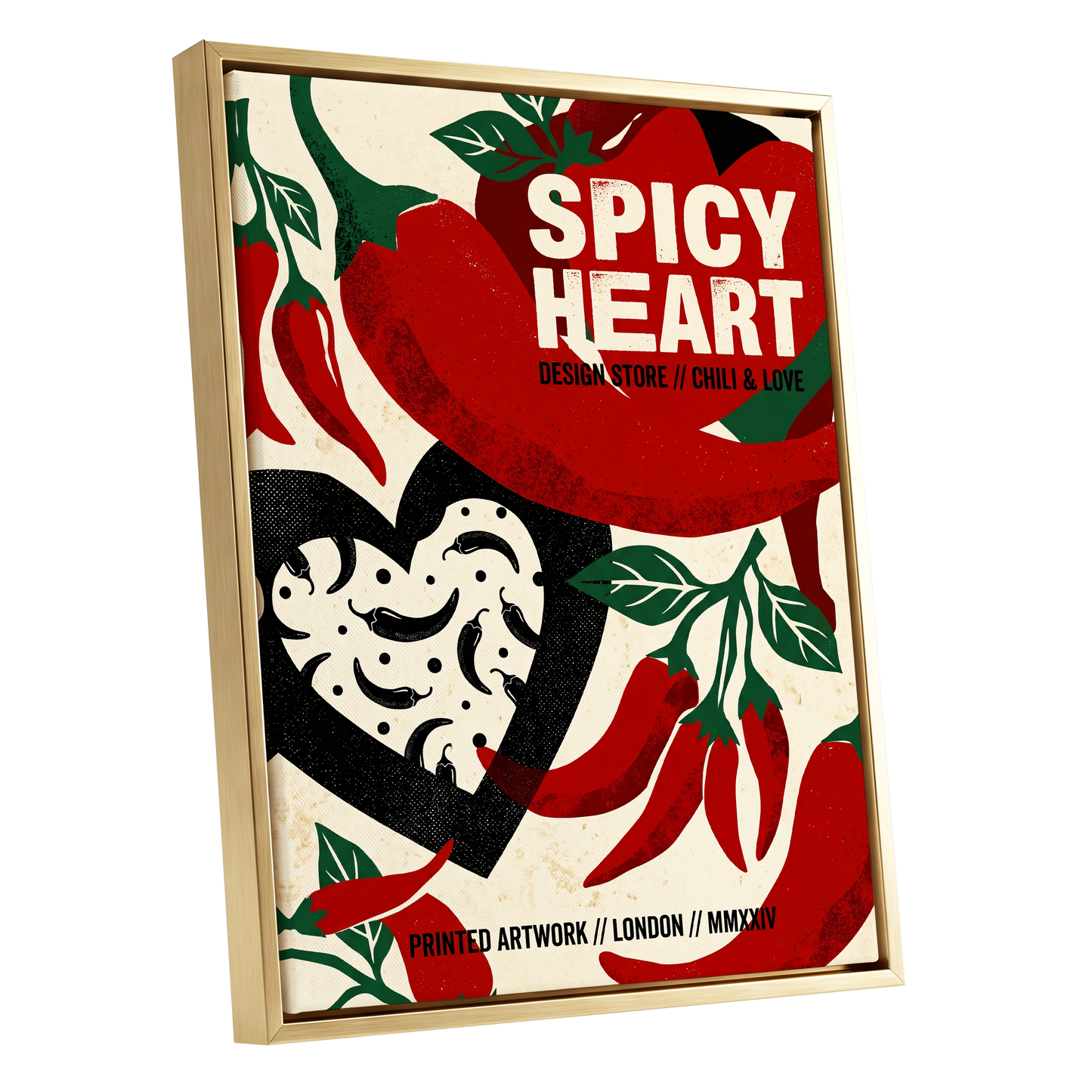 Chilli Heart, red, beige, black abstract wall art shown as a gold framed canvas wall art