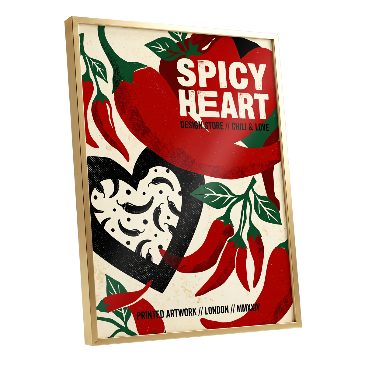 Chilli Heart, red, beige, black abstract wall art shown as a gold framed poster wall art print
