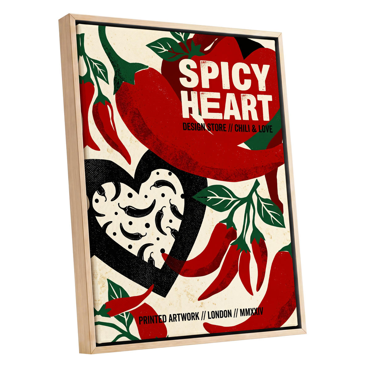 Chilli Heart, red, beige, black abstract wall art shown as a oak framed canvas wall art