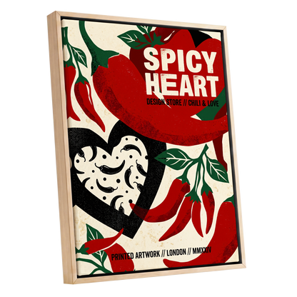 Chilli Heart, red, beige, black abstract wall art shown as a oak framed canvas wall art