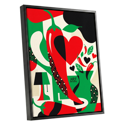 Chilli Heart Rhythm, red, green, black nature wall art shown as a black framed canvas wall art