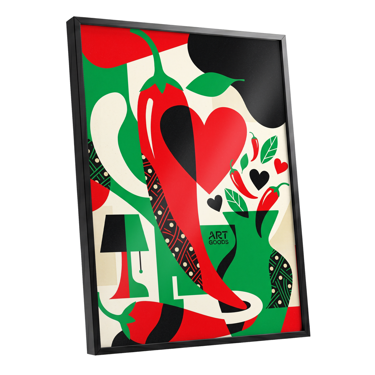Chilli Heart Rhythm, red, green, black nature wall art shown as a black framed poster wall art print