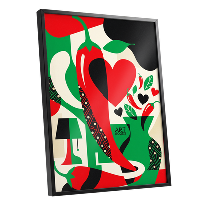 Chilli Heart Rhythm, red, green, black nature wall art shown as a black framed poster wall art print