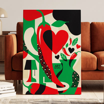 Chilli Heart Rhythm, red, green, black nature wall art on canvas displayed in a styled interior, gallery view 1
