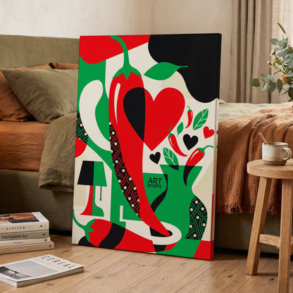 Chilli Heart Rhythm, red, green, black nature wall art on canvas displayed in a styled interior, gallery view 2