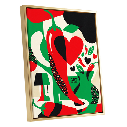 Chilli Heart Rhythm, red, green, black nature wall art shown as a gold framed canvas wall art