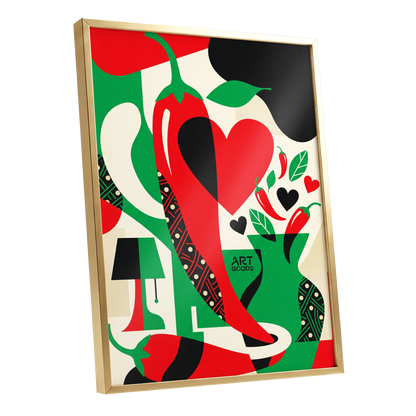 Chilli Heart Rhythm, red, green, black nature wall art shown as a gold framed poster wall art print