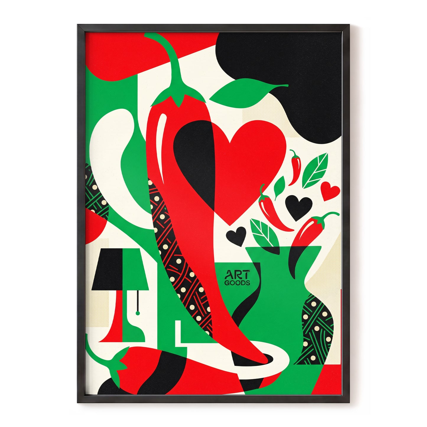 Chilli Heart Rhythm, red, green, black nature wall art, front artwork view