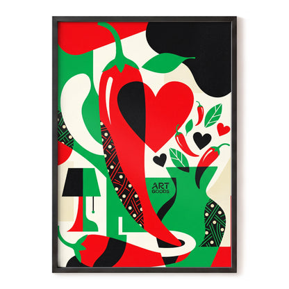 Chilli Heart Rhythm, red, green, black nature wall art, front artwork view