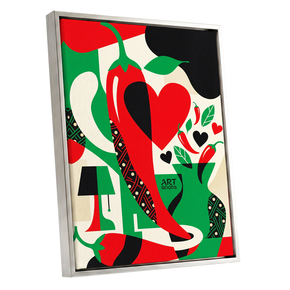 Chilli Heart Rhythm, red, green, black nature wall art shown as a silver framed canvas wall art