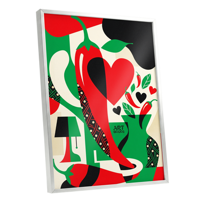 Chilli Heart Rhythm, red, green, black nature wall art shown as a silver framed poster wall art print