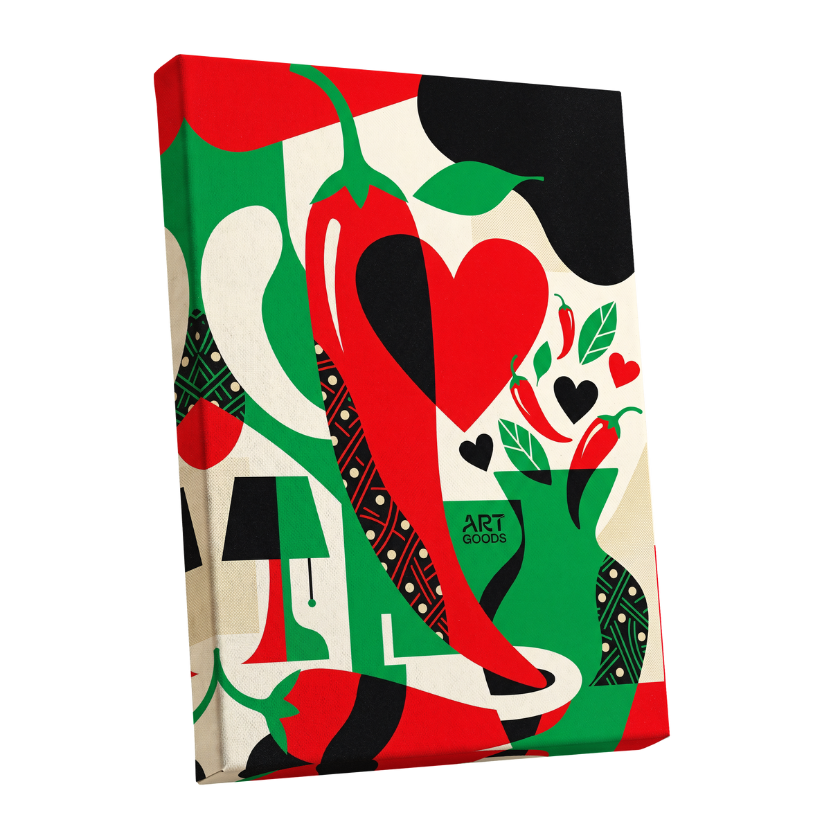 Chilli Heart Rhythm, red, green, black nature wall art shown as a stretched canvas wall art
