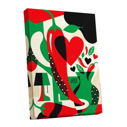 Chilli Heart Rhythm, red, green, black nature wall art shown as a stretched canvas wall art