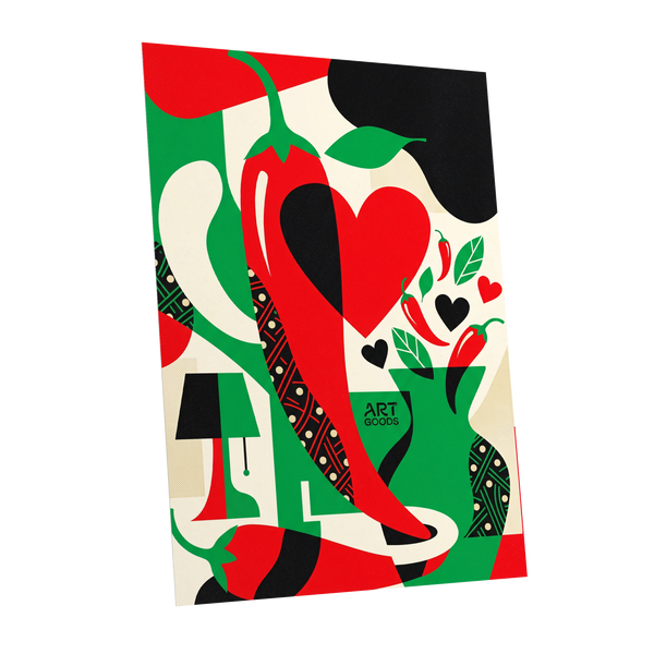 Chilli Heart Rhythm, red, green, black nature wall art shown as a unframed poster wall art print