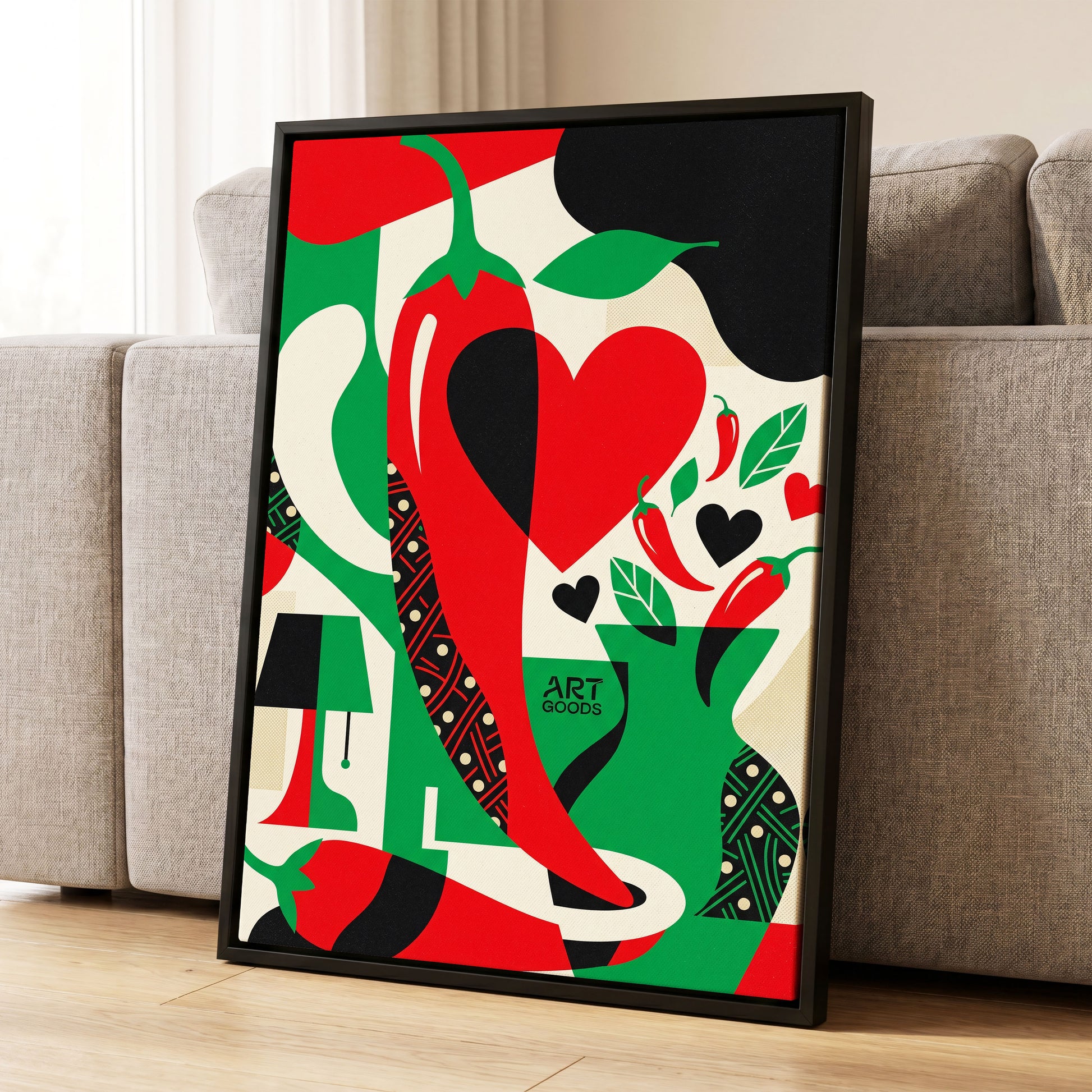 Chilli Heart Rhythm, red, green, black nature wall art displayed in a styled interior, gallery view 1
