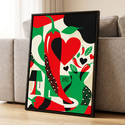 Chilli Heart Rhythm, red, green, black nature wall art displayed in a styled interior, gallery view 1