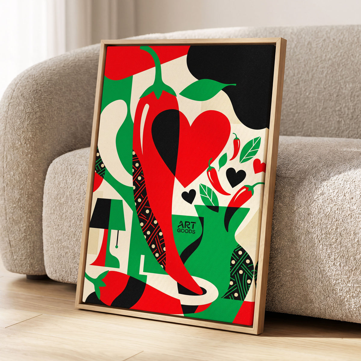 Chilli Heart Rhythm, red, green, black nature wall art displayed in a styled interior, gallery view 2
