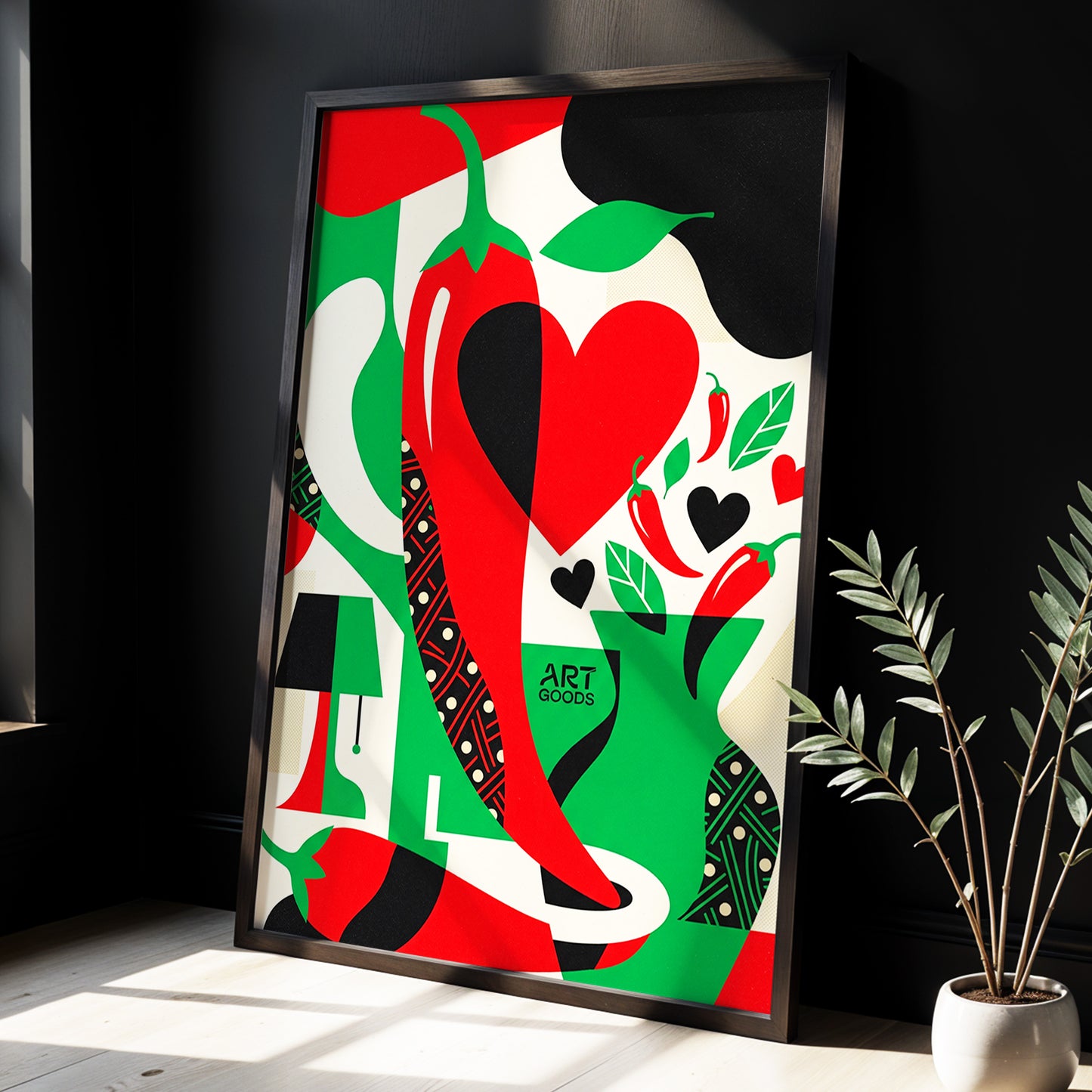Chilli Heart Rhythm, red, green, black nature wall art displayed in a styled interior, gallery view 3