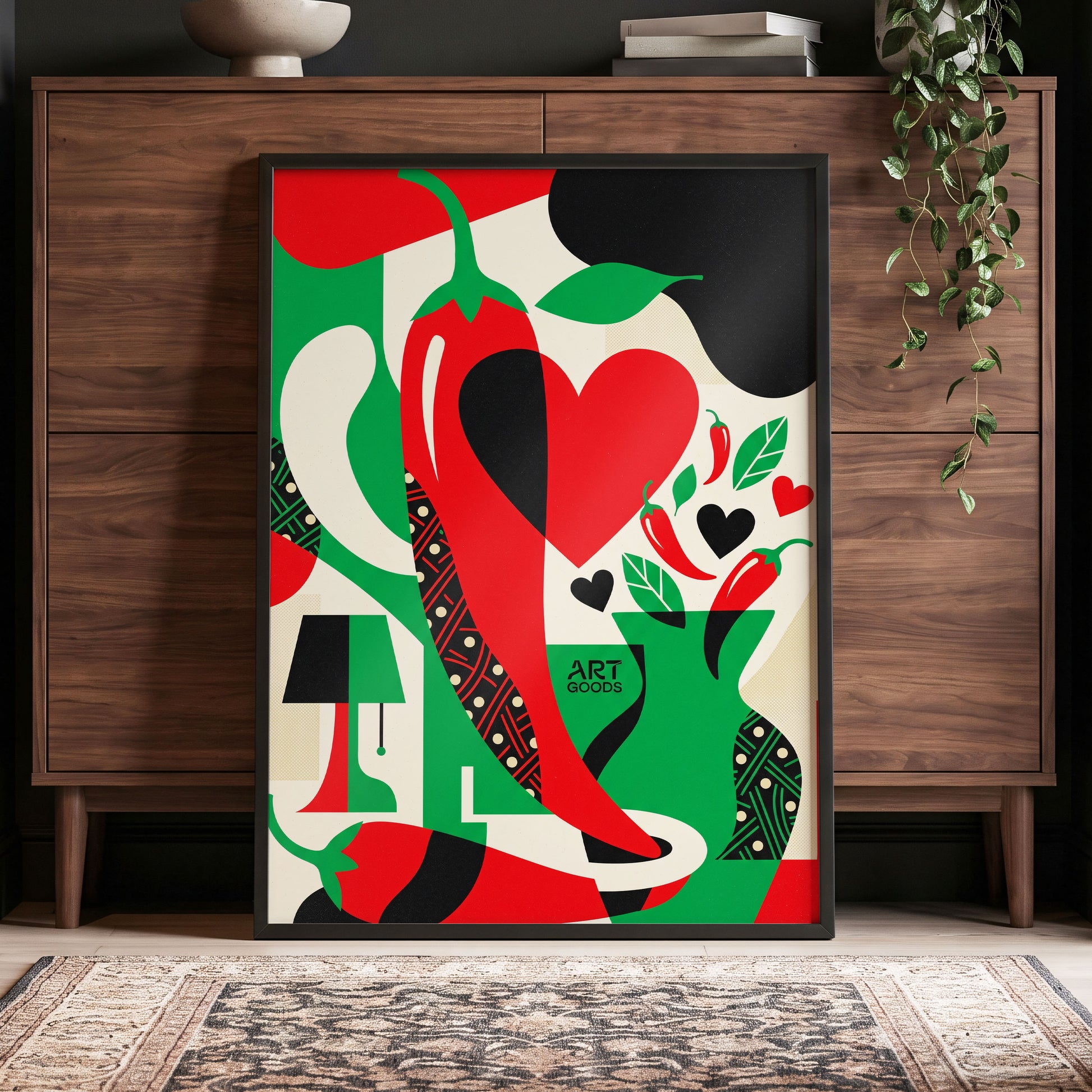 Chilli Heart Rhythm, red, green, black nature wall art displayed in a styled interior, gallery view 5