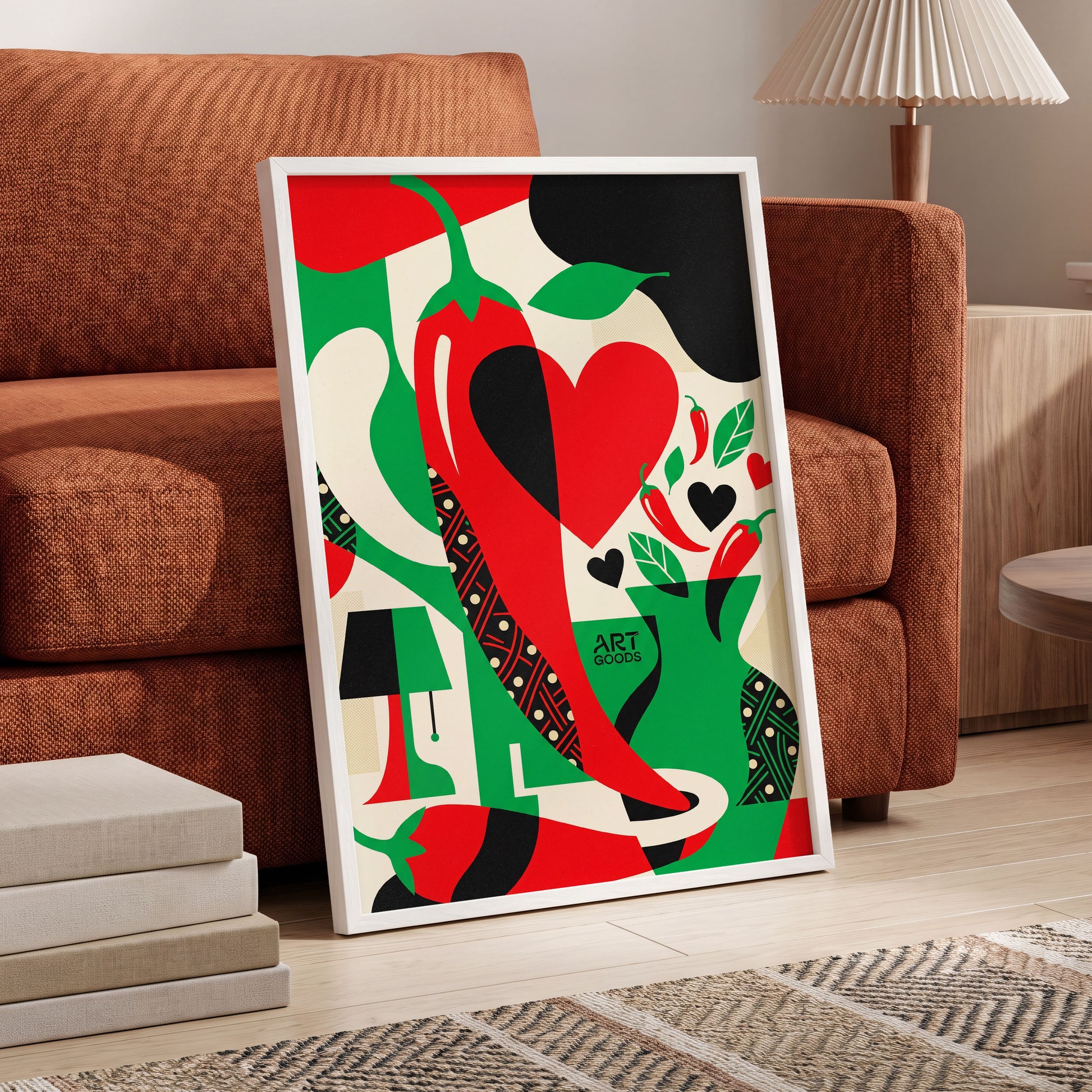Chilli Heart Rhythm, red, green, black nature wall art displayed in a styled interior, gallery view 6
