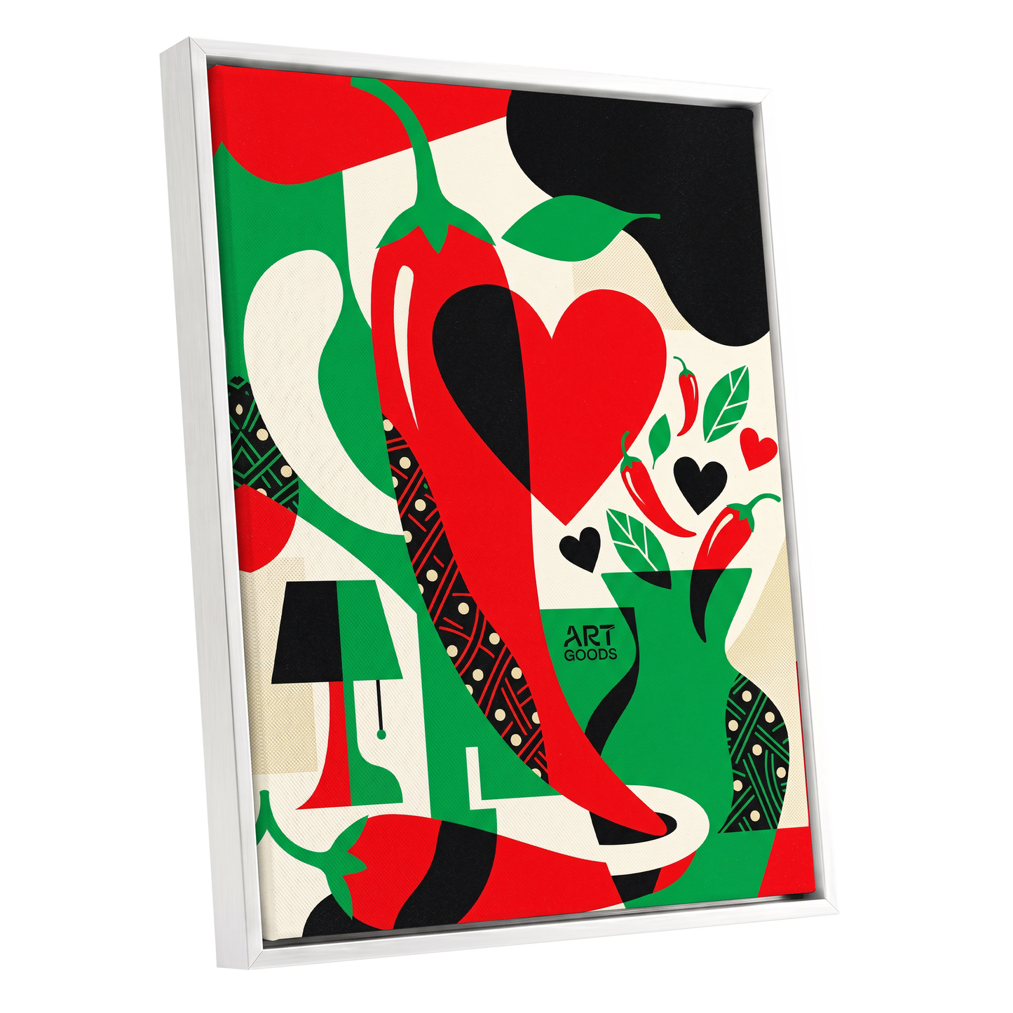 Chilli Heart Rhythm, red, green, black nature wall art shown as a white framed canvas wall art
