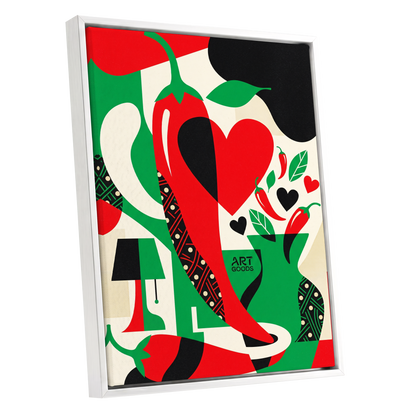 Chilli Heart Rhythm, red, green, black nature wall art shown as a white framed canvas wall art