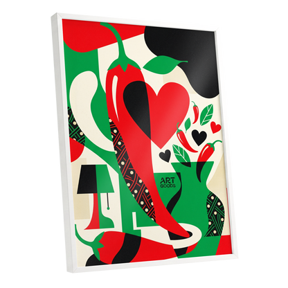 Chilli Heart Rhythm, red, green, black nature wall art shown as a white framed poster wall art print