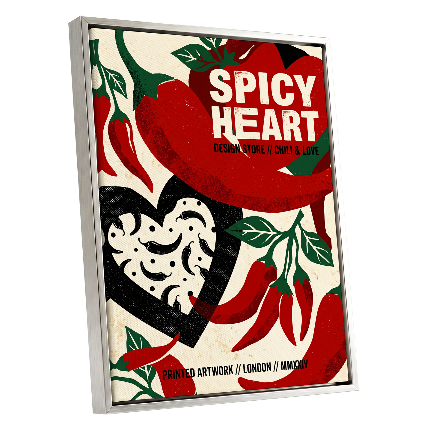 Chilli Heart, red, beige, black abstract wall art shown as a silver framed canvas wall art