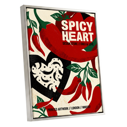 Chilli Heart, red, beige, black abstract wall art shown as a silver framed canvas wall art