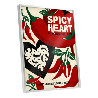 Chilli Heart, red, beige, black abstract wall art shown as a silver framed poster wall art print