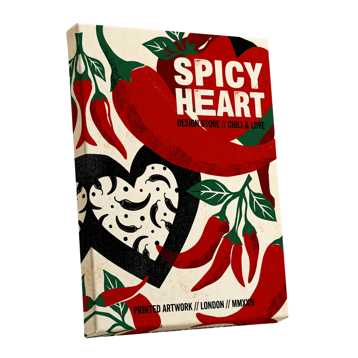 Chilli Heart, red, beige, black abstract wall art shown as a stretched canvas wall art