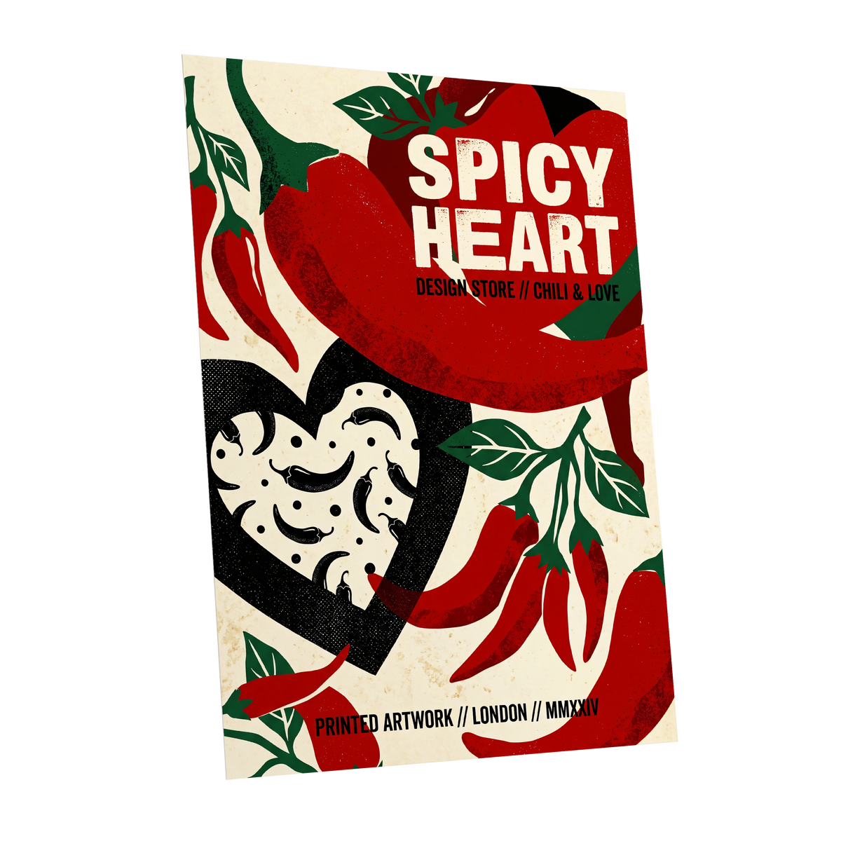 Chilli Heart, red, beige, black abstract wall art shown as a unframed poster wall art print